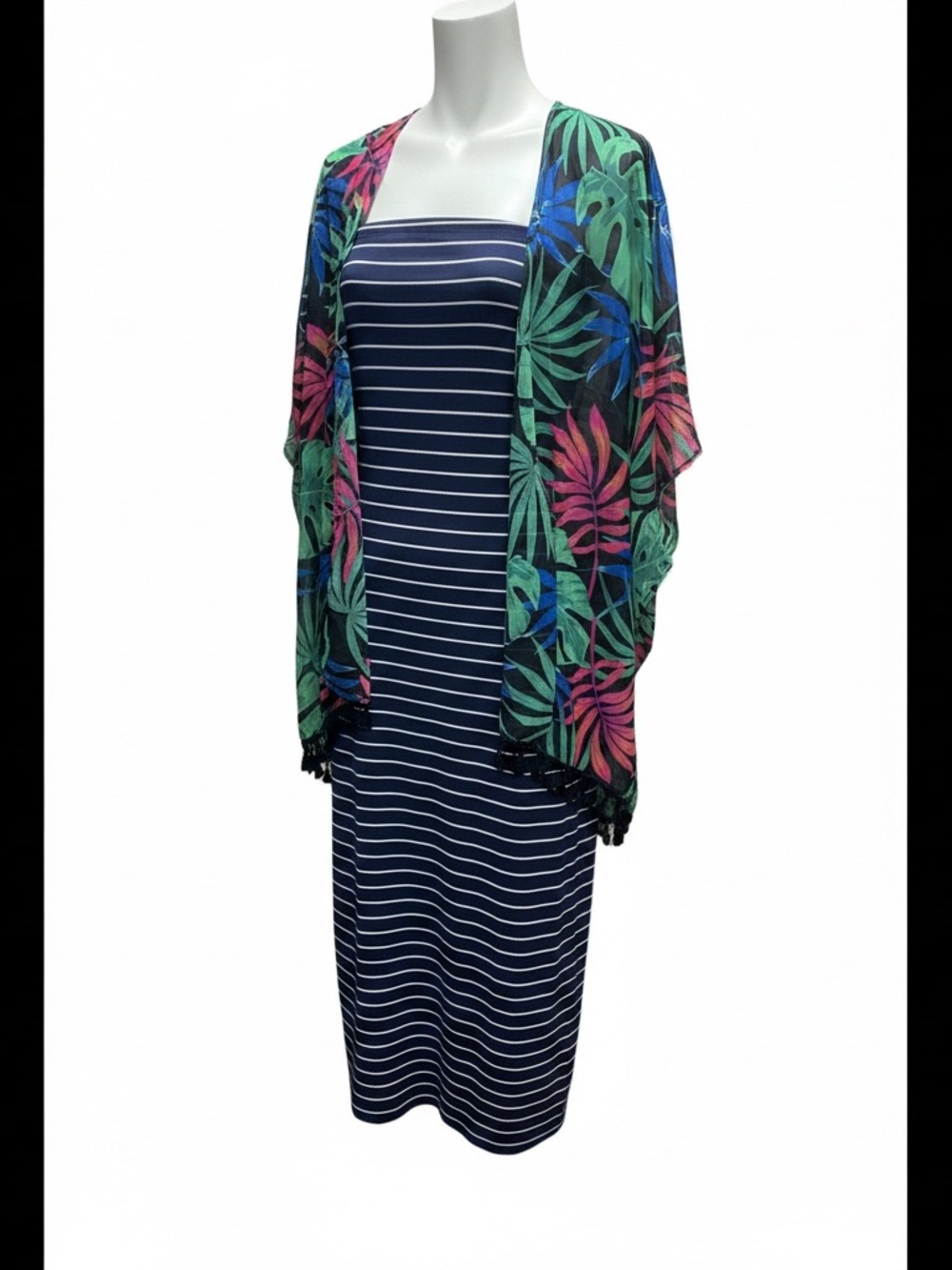 A New Day Blue & White Strapless Dress Green  Leaf Print Cardigan Size 2X